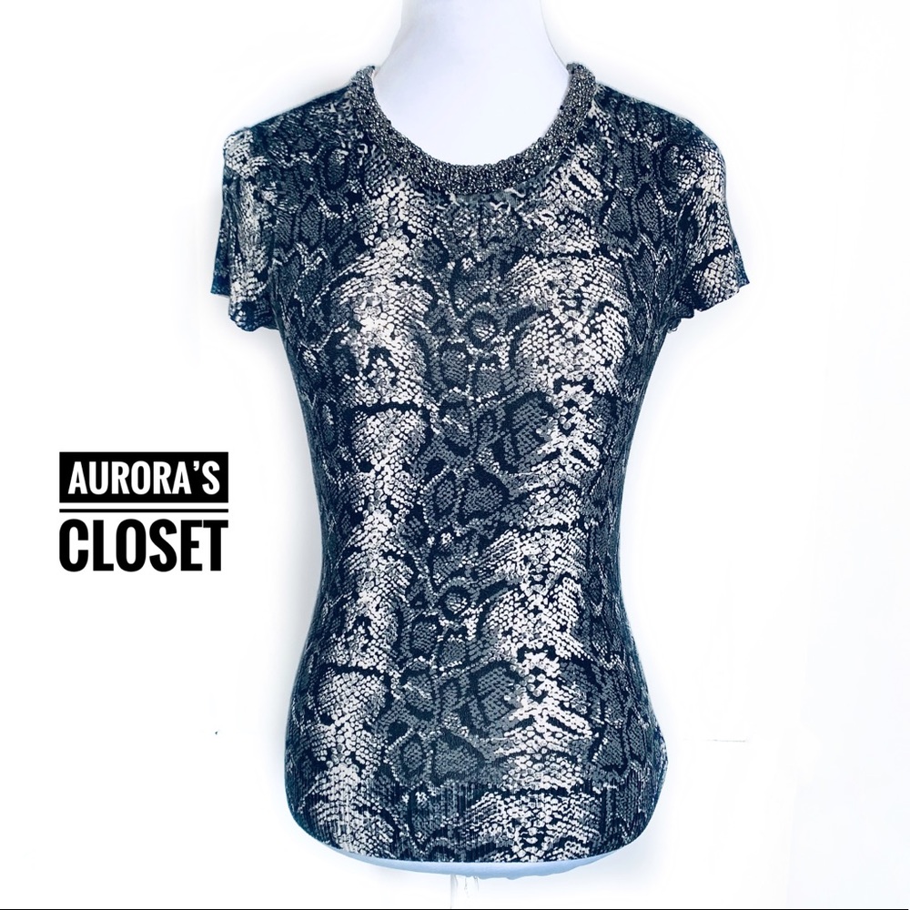 INC S Snakeskin Sweater Top Bead Neckline Keyhole